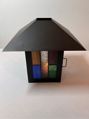 Mini Stained Glass Lantern with Black Metal Frame. Tealight candle